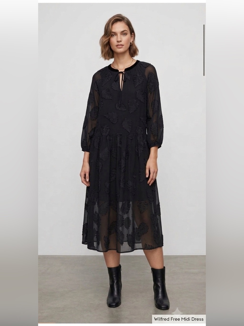 Wilfred Black Midi Dress with Sheer Textured Leaf Detail